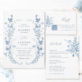 Elegante Franse Blauwe Botanische Bruiloft Menu
