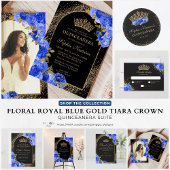 Royal Blauw Zwart Goud Glitter Floral Quinceanera Bedankkaart