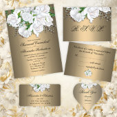 Witte bruids roos boeket, gouden bruiloft dank u kaart