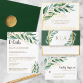 Elegant Foliage Botanical Gold Leaf Green Wedding Folie Uitnodiging