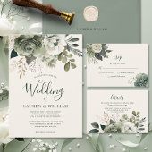 Elegante Salie en Ivoor Bloemen Groen Bruiloft Etiket