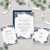 Elegante kant bruiloft behuizing details blauw wit RSVP kaartje