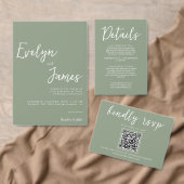Elegant Sage Groen Script QR Code Bruiloft Website RSVP Kaartje (Personaliseer de collectie van deze zelfstandige maker.)