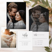 Elegante moderne kalligrafie script foto bruiloft all in one uitnodiging