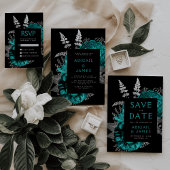 Elegante Donkere Bloemen Blauwgroen Zilver QR Code Kaart