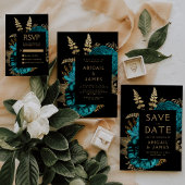 Moody Donkere Bloemen Turquoise Goud QR Code Huwel Kaart