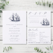 Trouwillustratie met vintage scheepvaart RSVP kaartje (Personaliseer de collectie van deze zelfstandige maker.)