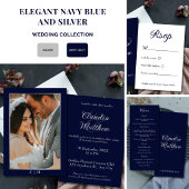 Elegant Navy Blauwe & Zilveren Script Trouwprogram Programmakaart