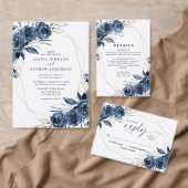 Elegante Navy Blauwe Bloemen & QR Code Trouwfeest Save The Date (Personaliseer de collectie van deze zelfstandige maker.)