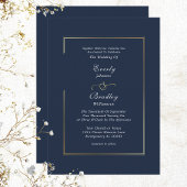 Navy Gold Minimal Border Script Typography Wedding Kaart
