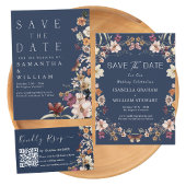 Navy Blue Pastel Wildflower Modern Boho Wedding Folie Uitnodiging