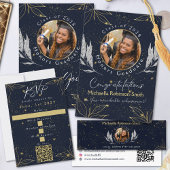 Elegante Navy Gold Afstuderen QR-code Contactkaartje