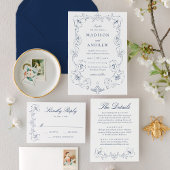 Elegant Navy Ornate Floral Frame Wedding Kaart