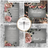 Elegante Roze Witte Bloemen Rozen Grijs Huwelijk Bedankkaart