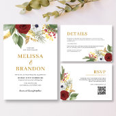 Elegant Rood Goud Bloemen Monogram QR Code Bruilof RSVP Kaartje