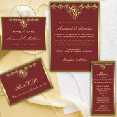 Rood en Goud Ingelijste Ornamentale Huwelijksrecep Informatiekaartje