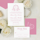 Elegant Rose Pink Floral Crest Monogram Wedding All In One Uitnodiging