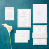 Elegante saliegroene wapenschild monogram bruiloft menu (Personaliseer de collectie van deze zelfstandige maker.)