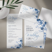 Elegant script Franse Blauwe Bloemen Toile bruilof Kaart