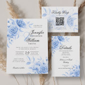 Elegante bruiloft QR-code RSVP Navy Blue Floral Kaartje