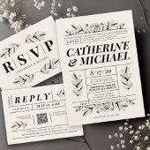 Zwart & Crème Retro Wedding Details Kaart