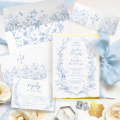  Bloemenkrans Dusty Blue Wedding Gold Folie Uitnodiging