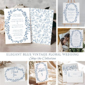 Elegante Blauwe Vintage Bloemen Huwelijk Kaart