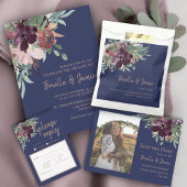 Waterverf Bloemen Navy Plum & Roos Gold Bruiloft Folie Uitnodiging