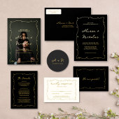 Elegante  Whimsical Zwart en Gouden Bruiloft Menu