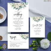 White Rose Greenery Bloemen QR Code Trouwen RSVP Kaartje