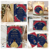 Betoverde Rode Rozen Bloemen Marine Blauw Quinceañ Kaart