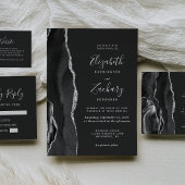 Modern Agate Black Silver Dark Save the Date Aankondiging