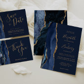 Elegant Agate Navy Blue Gold Save the Date Kaart