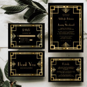 jaren '20 Deco Zwart Goud Bruiloft Details Informatiekaartje