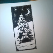 Sparboom in besneeuwd landschap Lino Print Mok