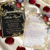 Roses & Gold Leaves - Black Quinceanera Program Programmakaart