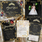 Floral & Gold Leaves - Black RSVP Kaartje