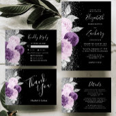 Bloemen Paarse Zilveren Glitter Zwart QR Code Huwe Kaart