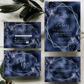 Navy Blue Bloemen Zilver Lijst QR Code Huwelijk Kaart