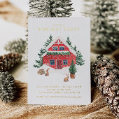 Snowy Red Cottage Forest Winter Engagement Party Kaart