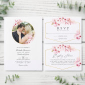 Geometrische roze bloesem virtuele bruiloft aankondiging (Personaliseer de collectie van deze zelfstandige maker.)