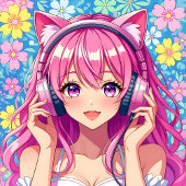 Cute Pink Anime Girl with Headphones Canvas Afdruk