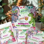 Cute Girl Dinosaur 4th Birthday Party Ronde Sticker