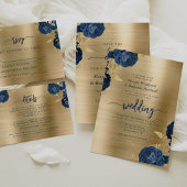 Navy Blue Floral Gold Brushed Metal Wedding Kaart