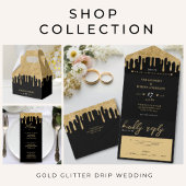 Zwart & Goud Glitter Drip Bruiloft Ronde Sticker