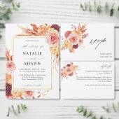 Golden Bourgogne en Blush Pink Floral Wedding All In One Uitnodiging (Personaliseer de collectie van deze zelfstandige maker.)