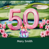 Lady golfer houdt golfbal met roze handschoen op r briefkaart