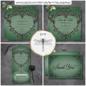 Gothic Zwart & Groen Filigraan Hart QR Code RSVP Kaartje