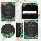  Emerald Green Rozen Gold Lace Quinceañera Kaart
