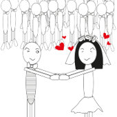 groom bride cartoon met uitnodigingen tot het rode